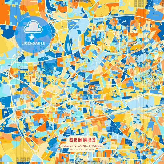 Rennes, Ille-et-Vilaine, France blue and orange vector art map template