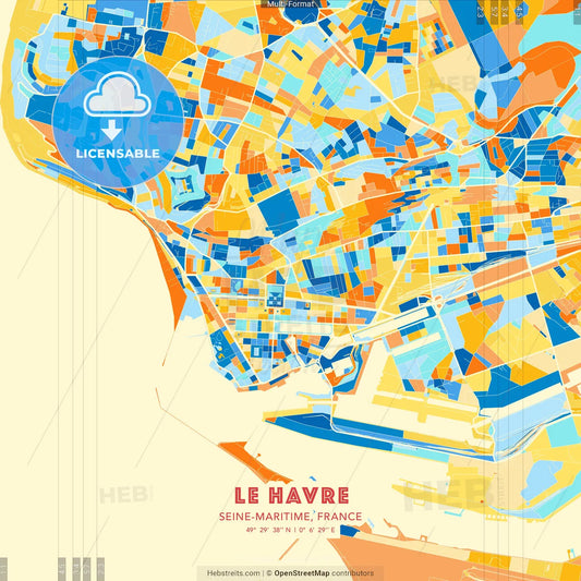 Le Havre, Seine-Maritime, France blue and orange vector art map template