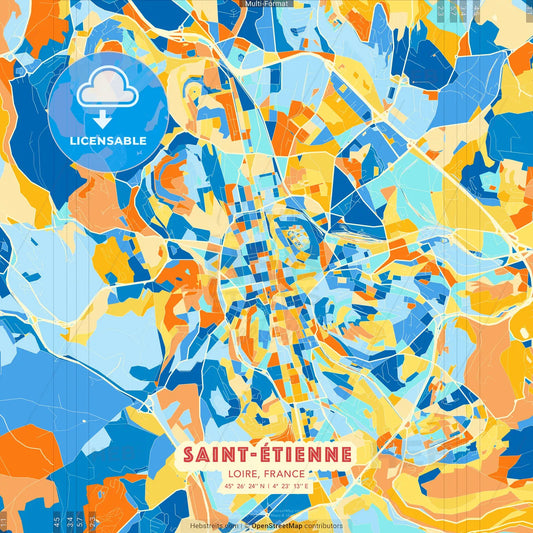 Saint-Étienne, Loire, France blue and orange vector art map template