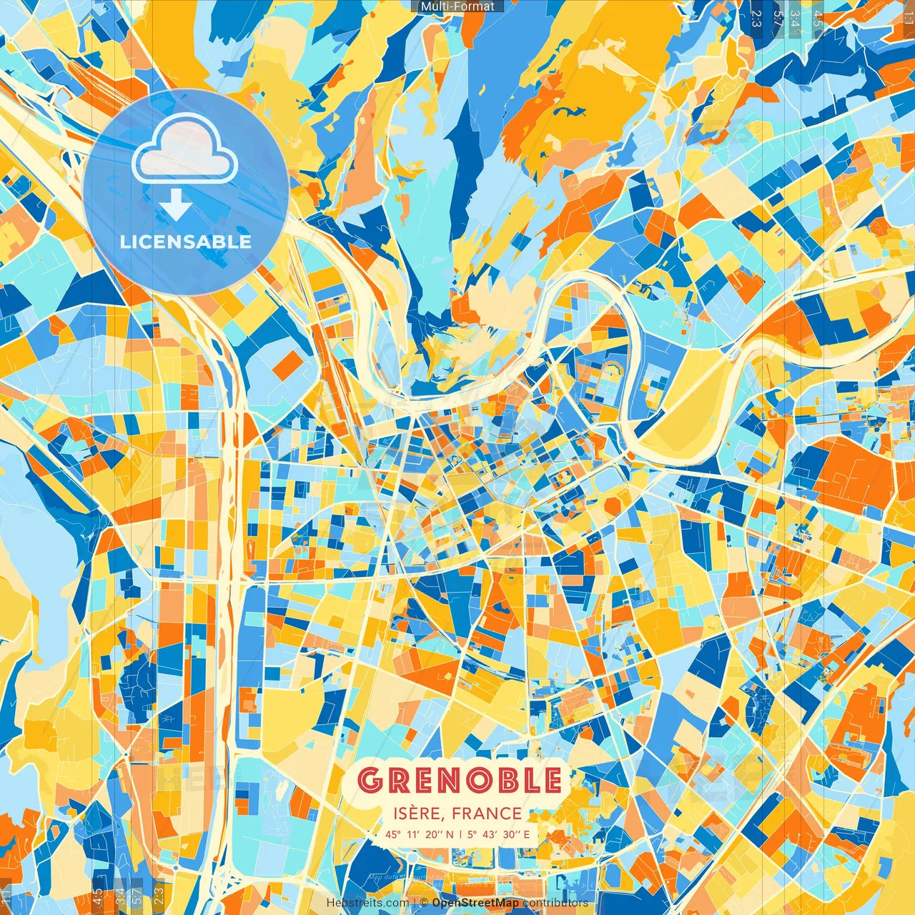 Grenoble, Isère, France blue and orange vector art map template