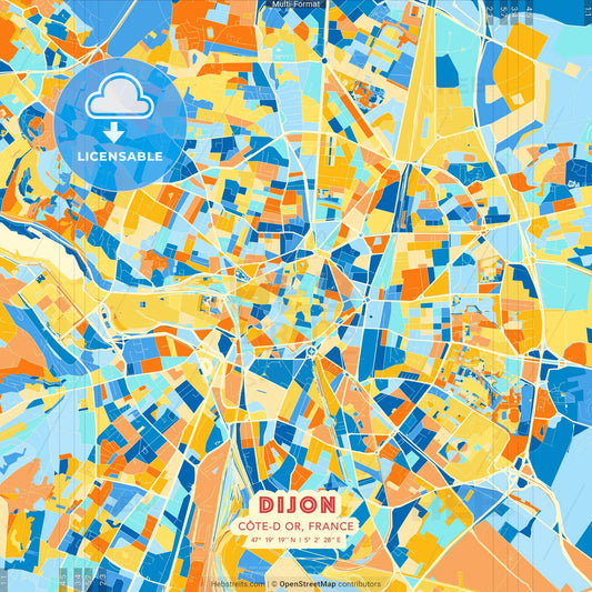 Dijon, Côte-d Or, France blue and orange vector art map template