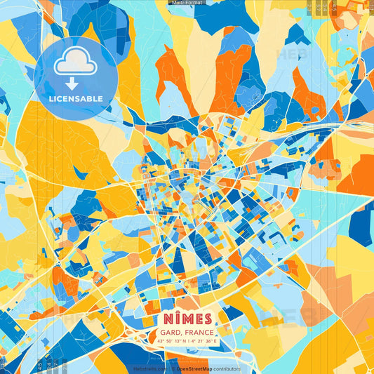 Nîmes, Gard, France blue and orange vector art map template