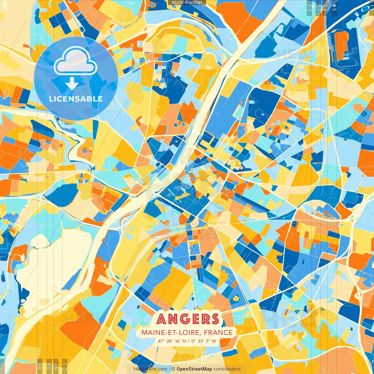 Angers, Maine-et-Loire, France blue and orange vector art map template