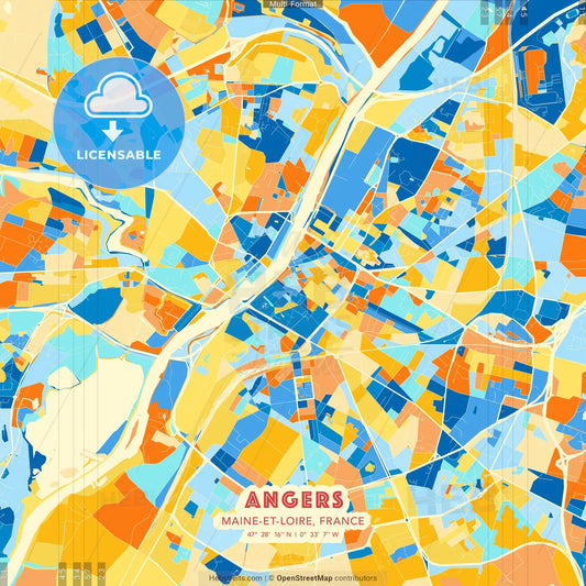 Angers, Maine-et-Loire, France blue and orange vector art map template
