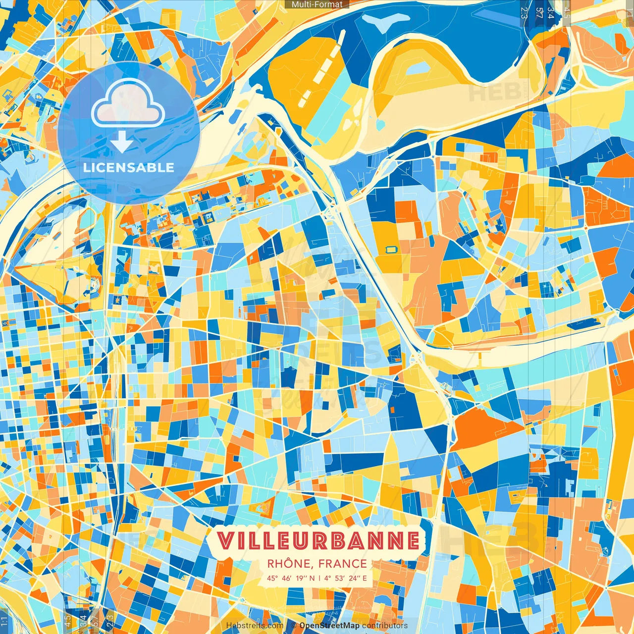 Villeurbanne, Rhône, France blue and orange vector art map template