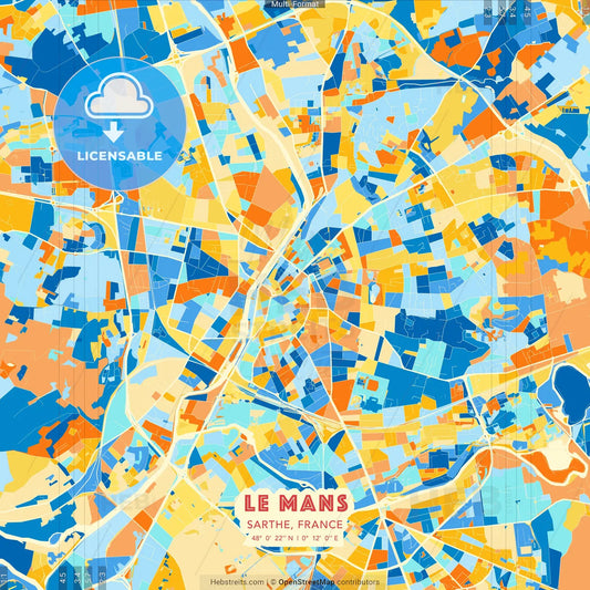 Le Mans, Sarthe, France blue and orange vector art map template