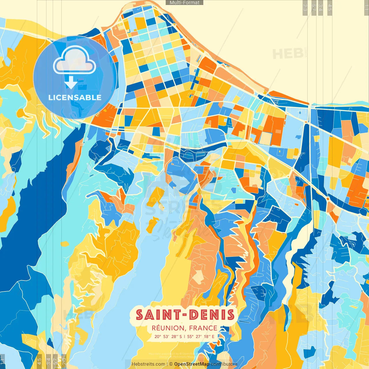 Saint-Denis, Réunion, France blue and orange vector art map template