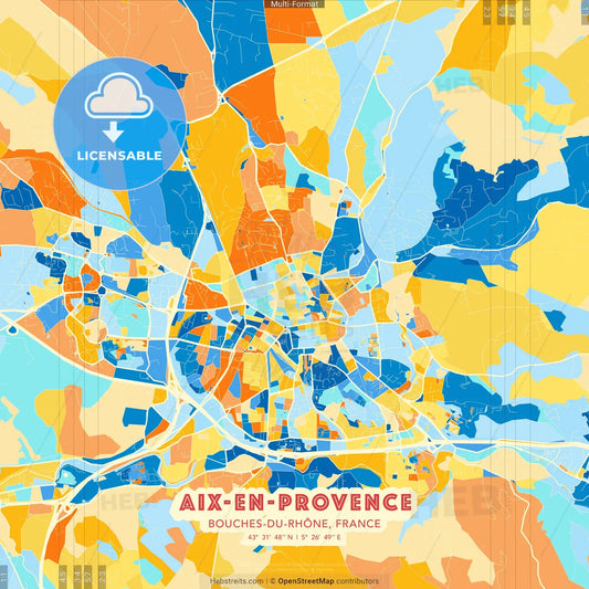 Aix-en-Provence, Bouches-du-Rhône, France blue and orange vector art map template