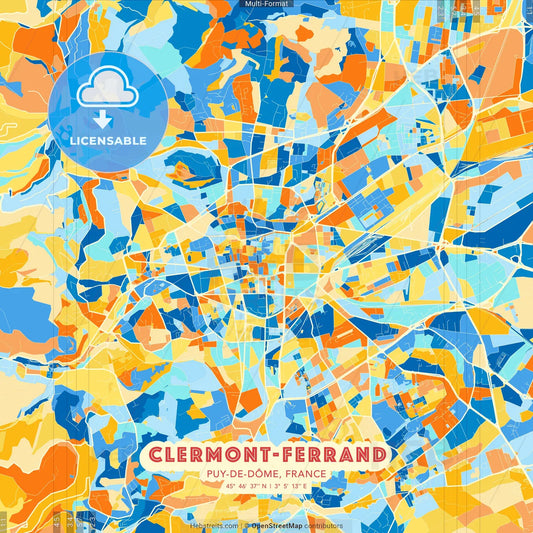 Clermont-Ferrand, Puy-de-Dôme, France blue and orange vector art map template