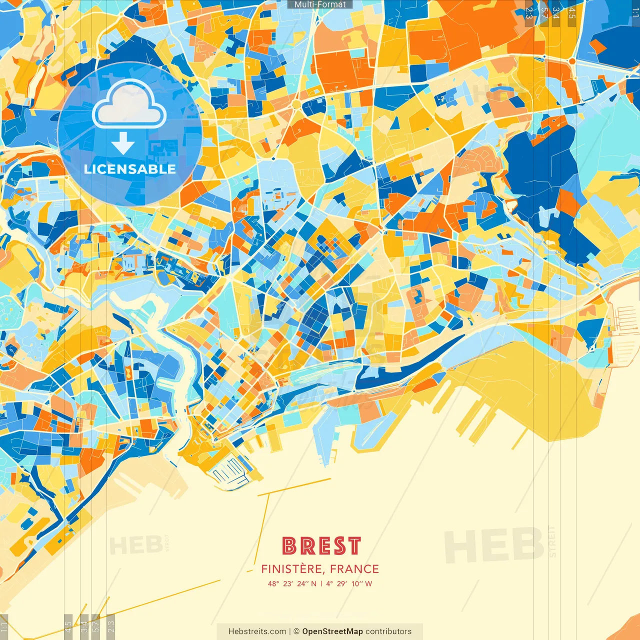 Brest, Finistère, France blue and orange vector art map template