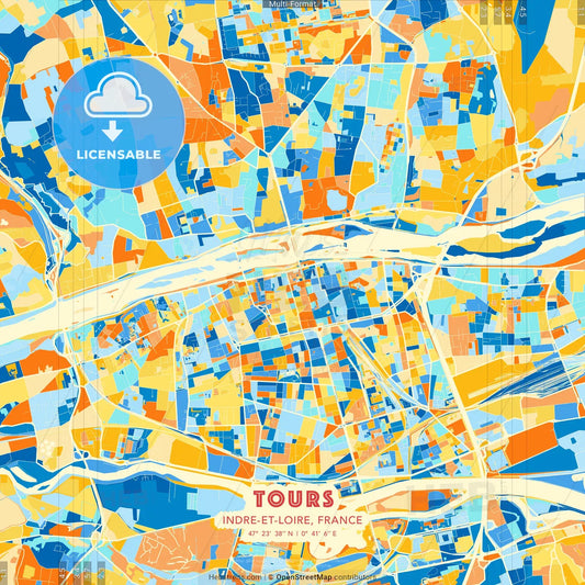 Tours, Indre-et-Loire, France blue and orange vector art map template