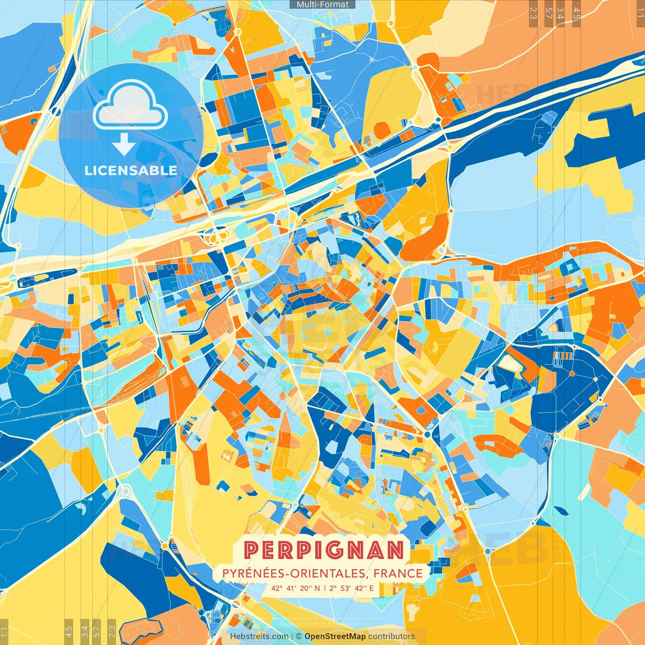 Perpignan, Pyrénées-Orientales, France blue and orange vector art map template