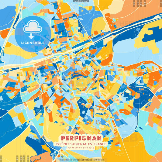 Perpignan, Pyrénées-Orientales, France blue and orange vector art map template