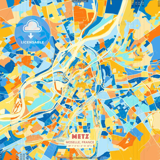 Metz, Moselle, France blue and orange vector art map template