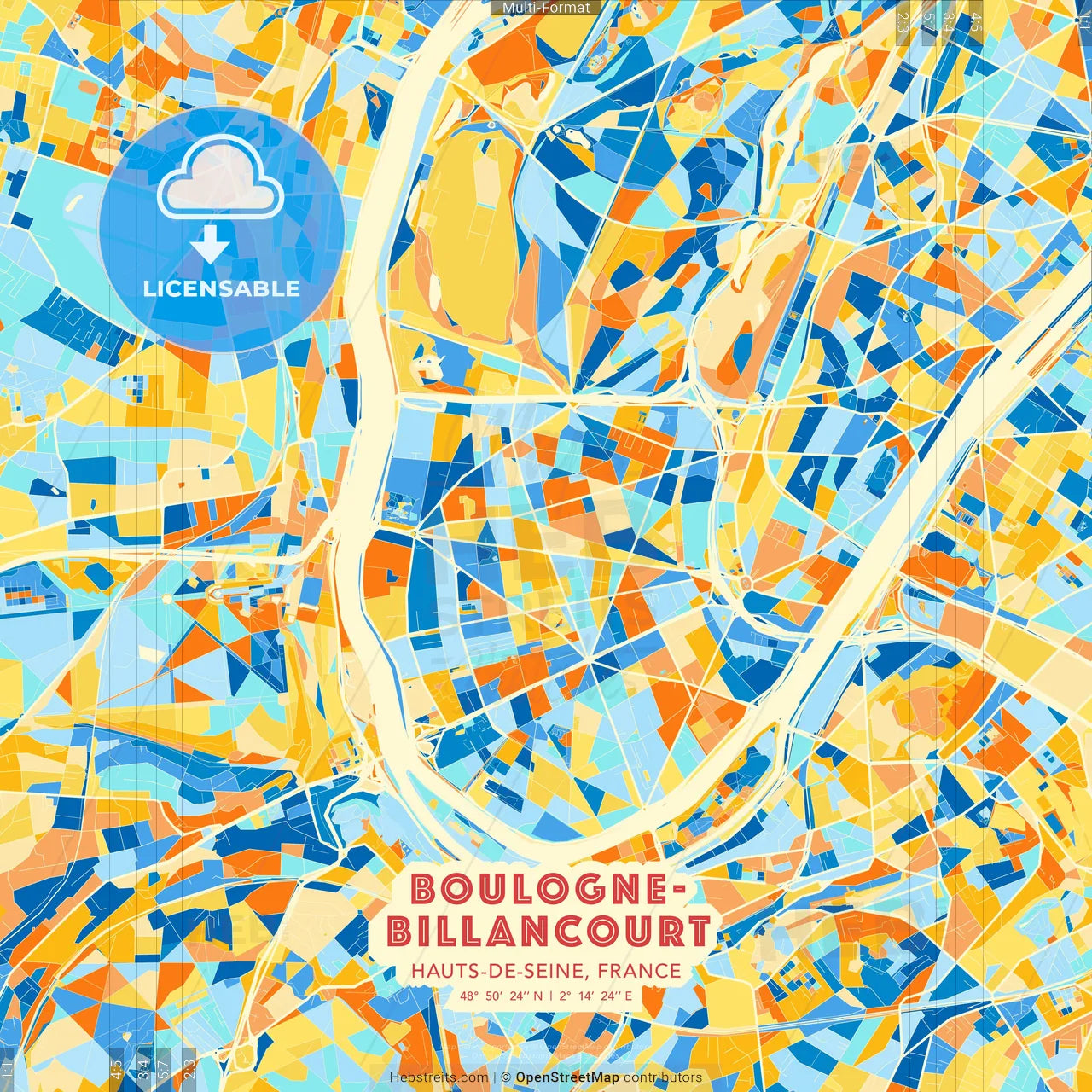 Boulogne-Billancourt, Hauts-de-Seine, France blue and orange vector art map template