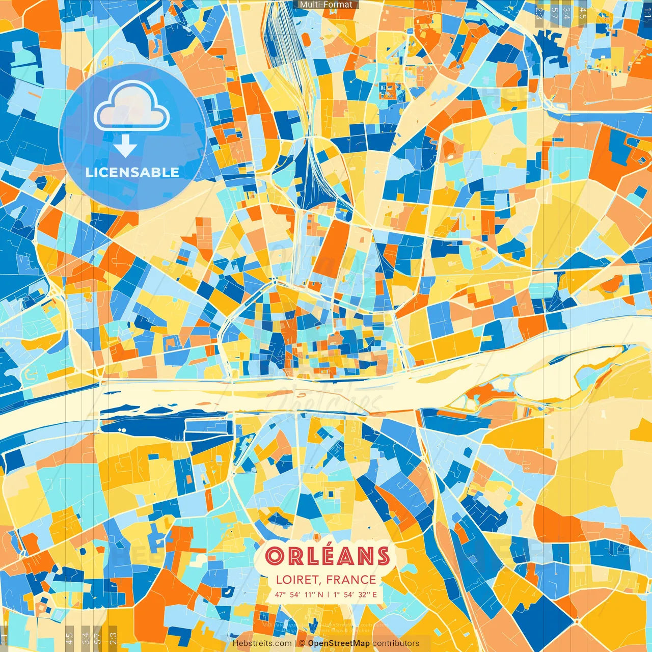 Orléans, Loiret, France blue and orange vector art map template