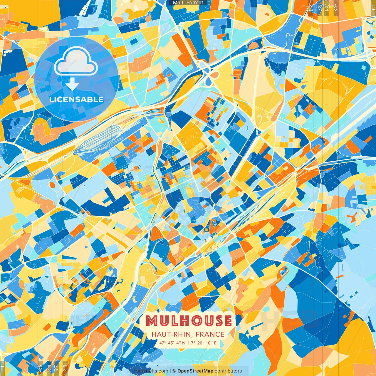Mulhouse, Haut-Rhin, France blue and orange vector art map template