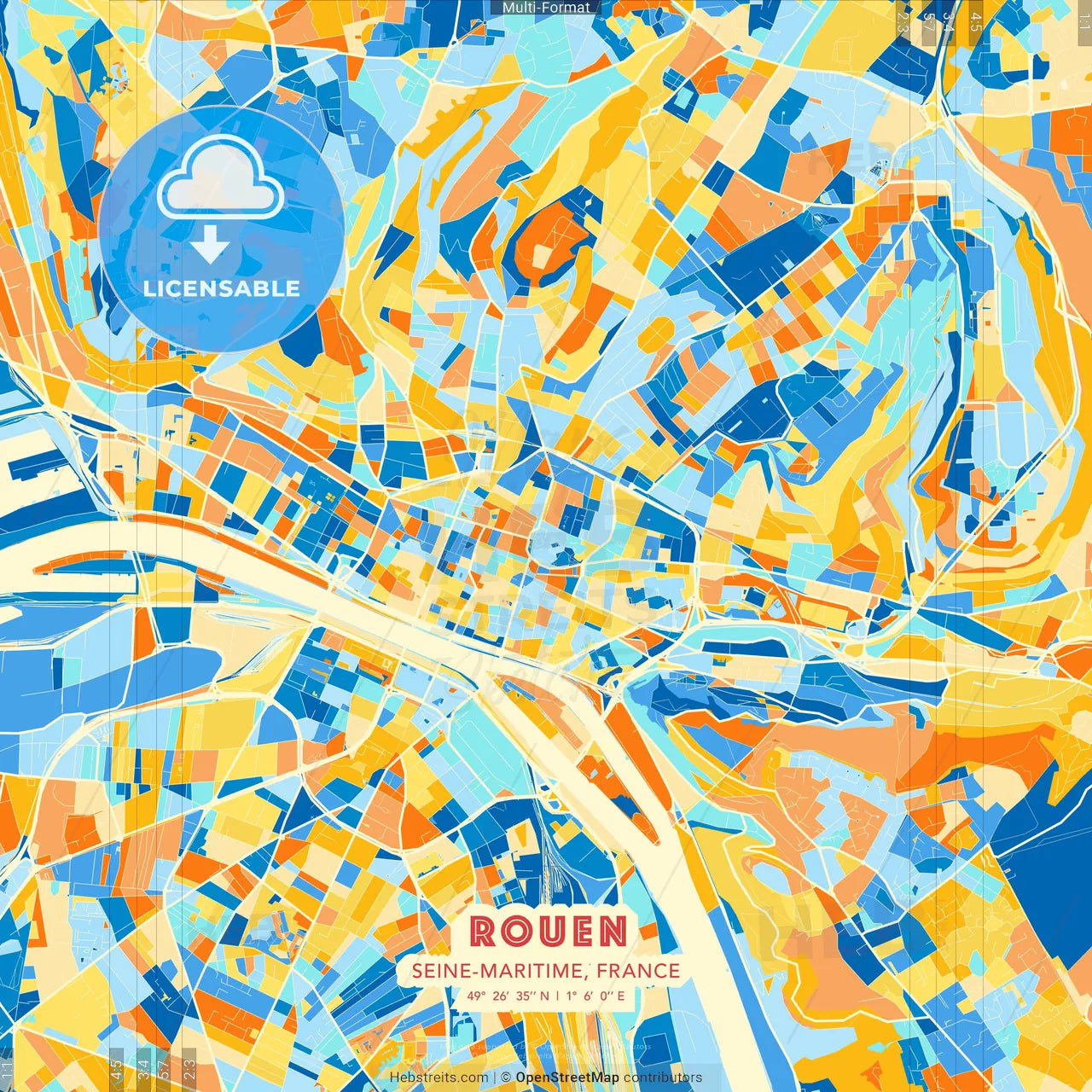 Rouen, Seine-Maritime, France blue and orange vector art map template