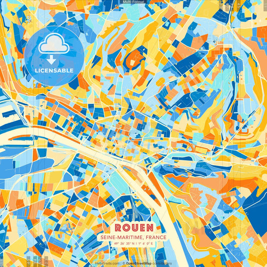 Rouen, Seine-Maritime, France blue and orange vector art map template