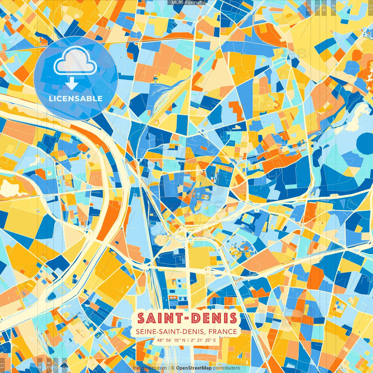 Saint-Denis, Seine-Saint-Denis, France blue and orange vector art map template