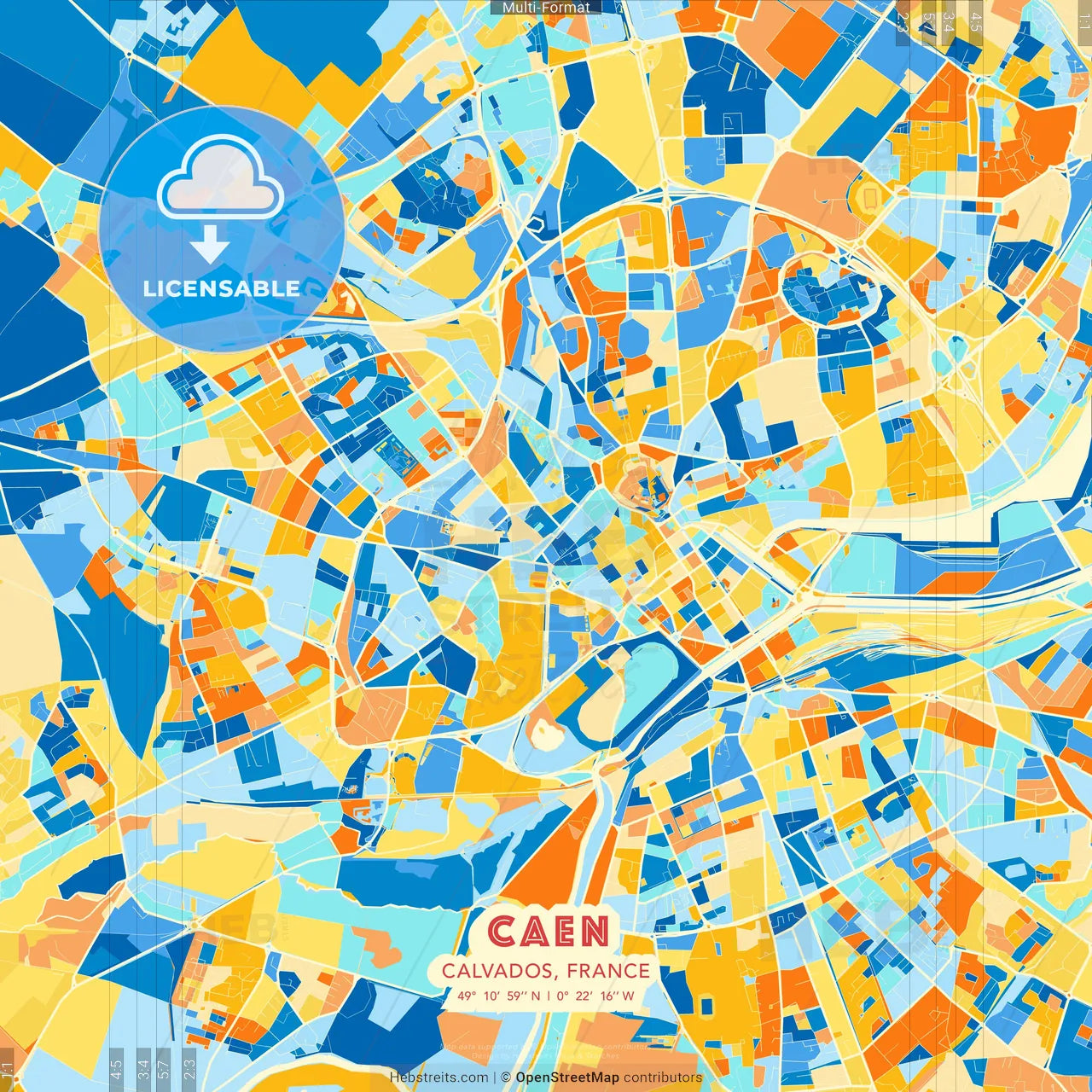 Caen, Calvados, France blue and orange vector art map template