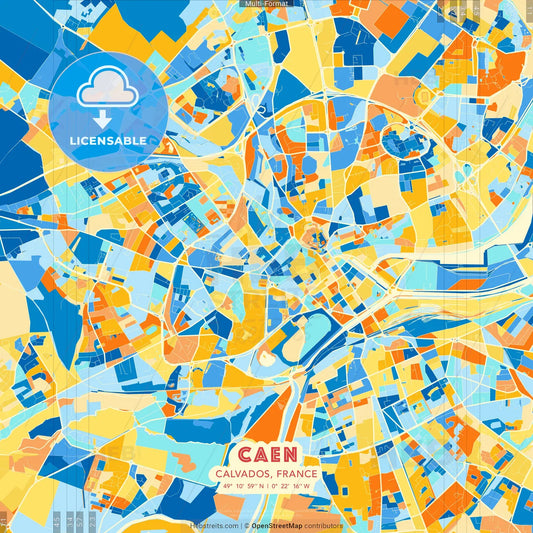 Caen, Calvados, France blue and orange vector art map template