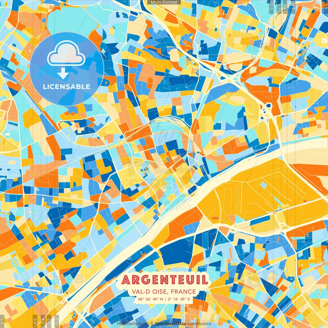 Argenteuil, Val-d Oise, France blue and orange vector art map template