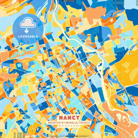 Nancy, Meurthe-et-Moselle, France blue and orange vector art map template