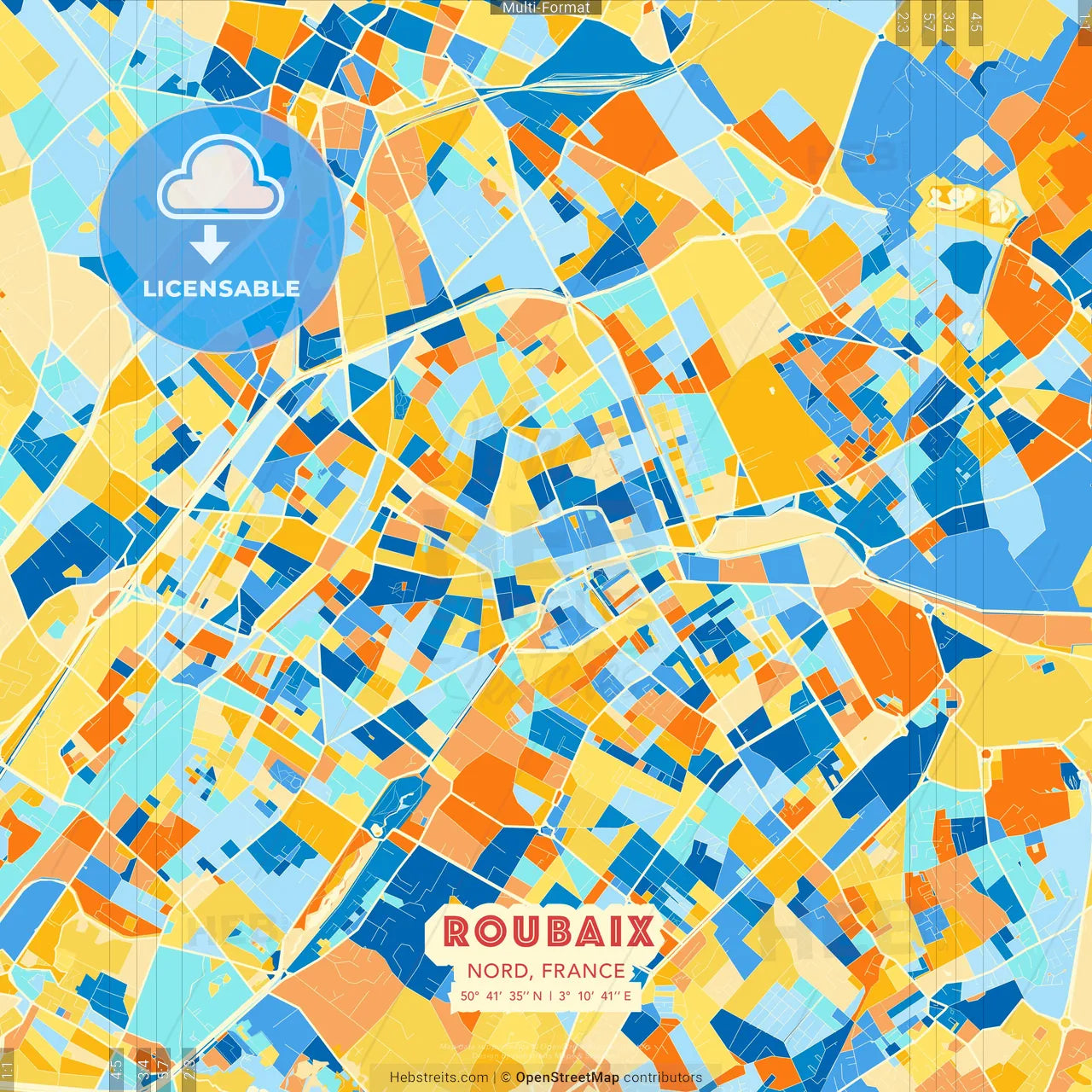 Roubaix, Nord, France blue and orange vector art map template