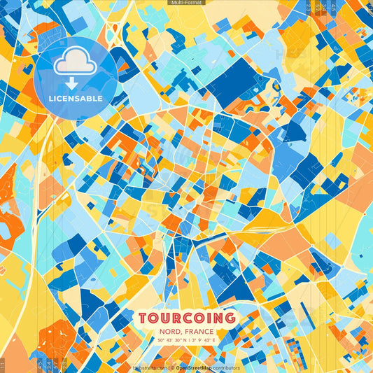 Tourcoing, Nord, France blue and orange vector art map template