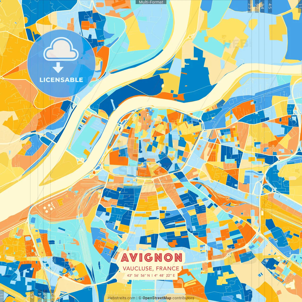 Avignon, Vaucluse, France blue and orange vector art map template