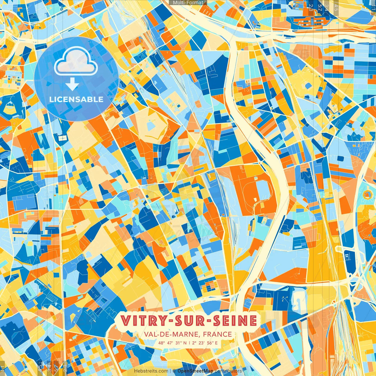 Vitry-sur-Seine, Val-de-Marne, France blue and orange vector art map template