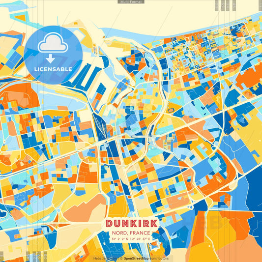 Dunkirk, Nord, France blue and orange vector art map template