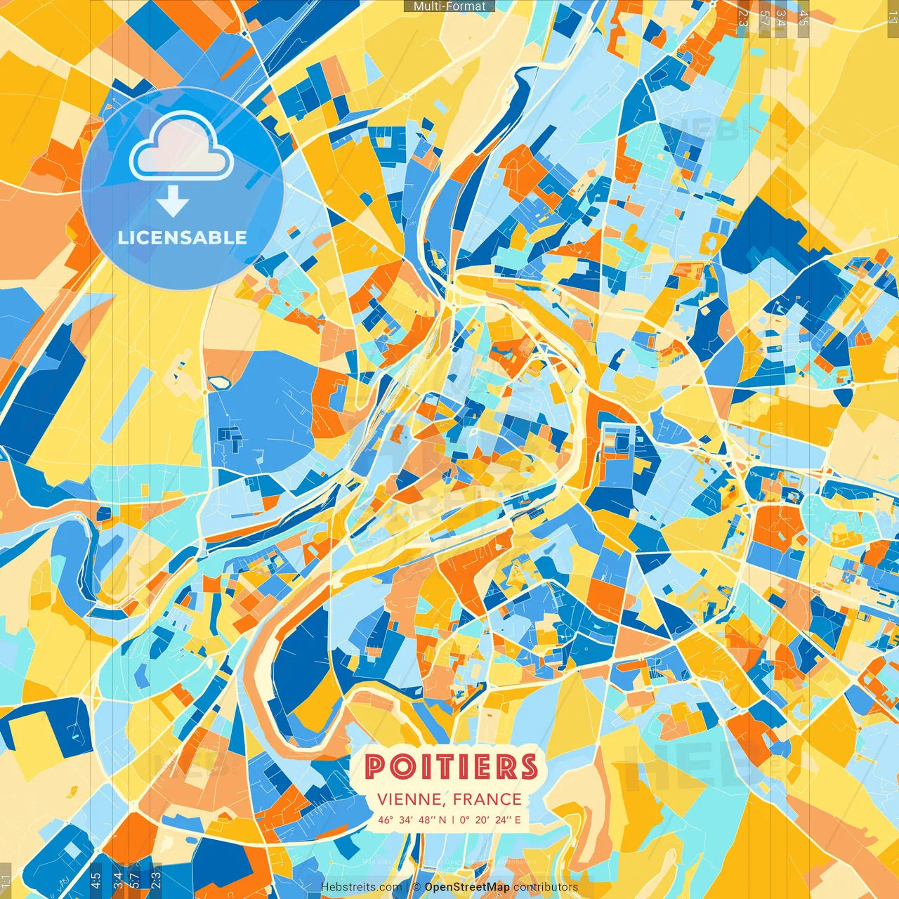 Poitiers, Vienne, France blue and orange vector art map template
