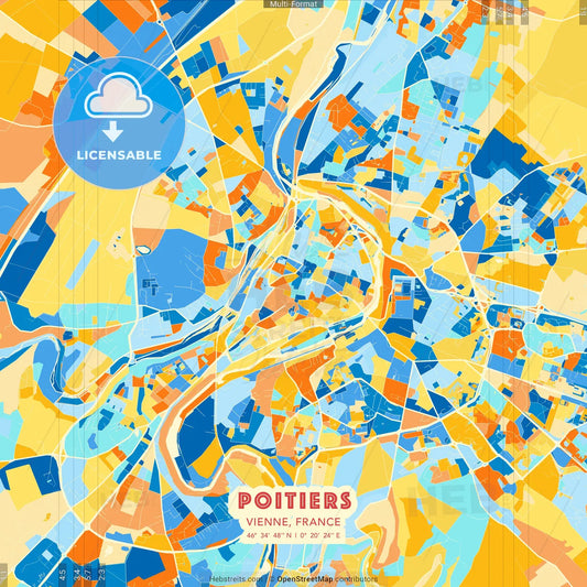 Poitiers, Vienne, France blue and orange vector art map template