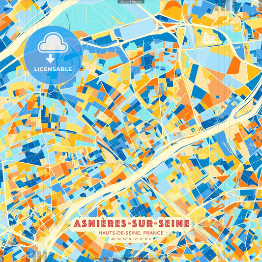Asnières-sur-Seine, Hauts-de-Seine, France blue and orange vector art map template