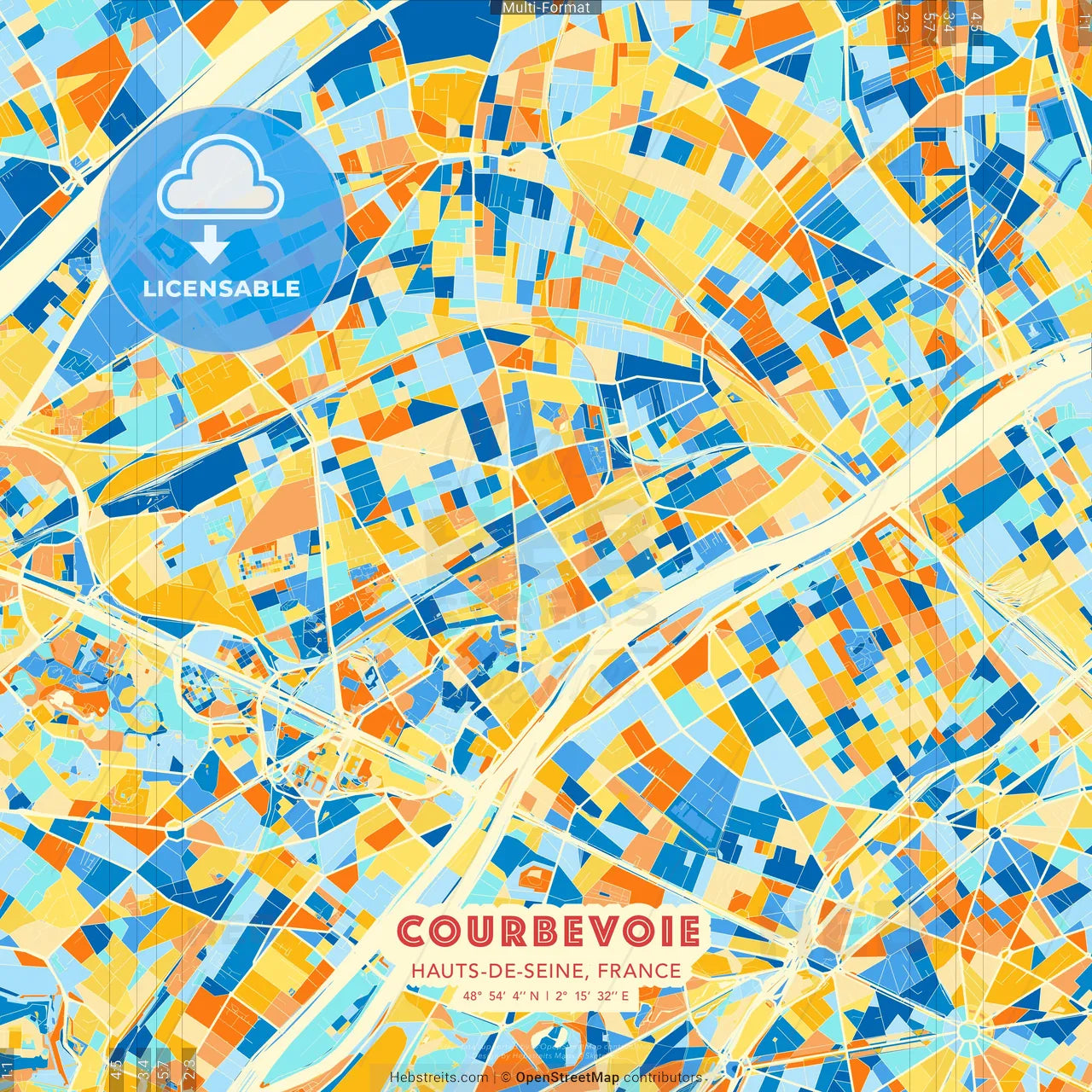 Courbevoie, Hauts-de-Seine, France blue and orange vector art map template