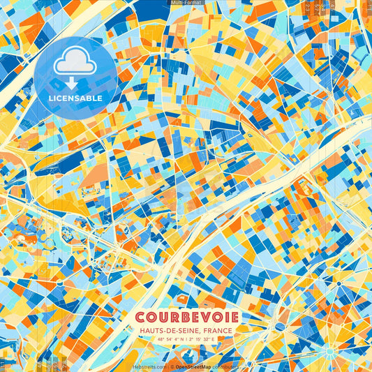 Courbevoie, Hauts-de-Seine, France blue and orange vector art map template