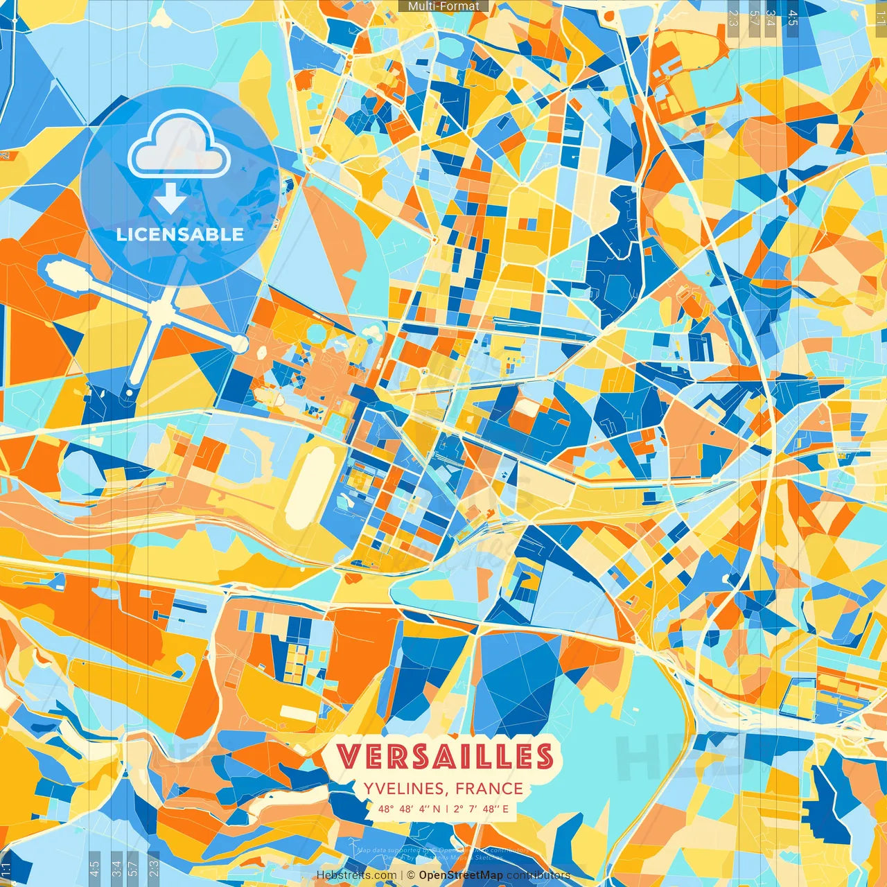 Versailles, Yvelines, France blue and orange vector art map template