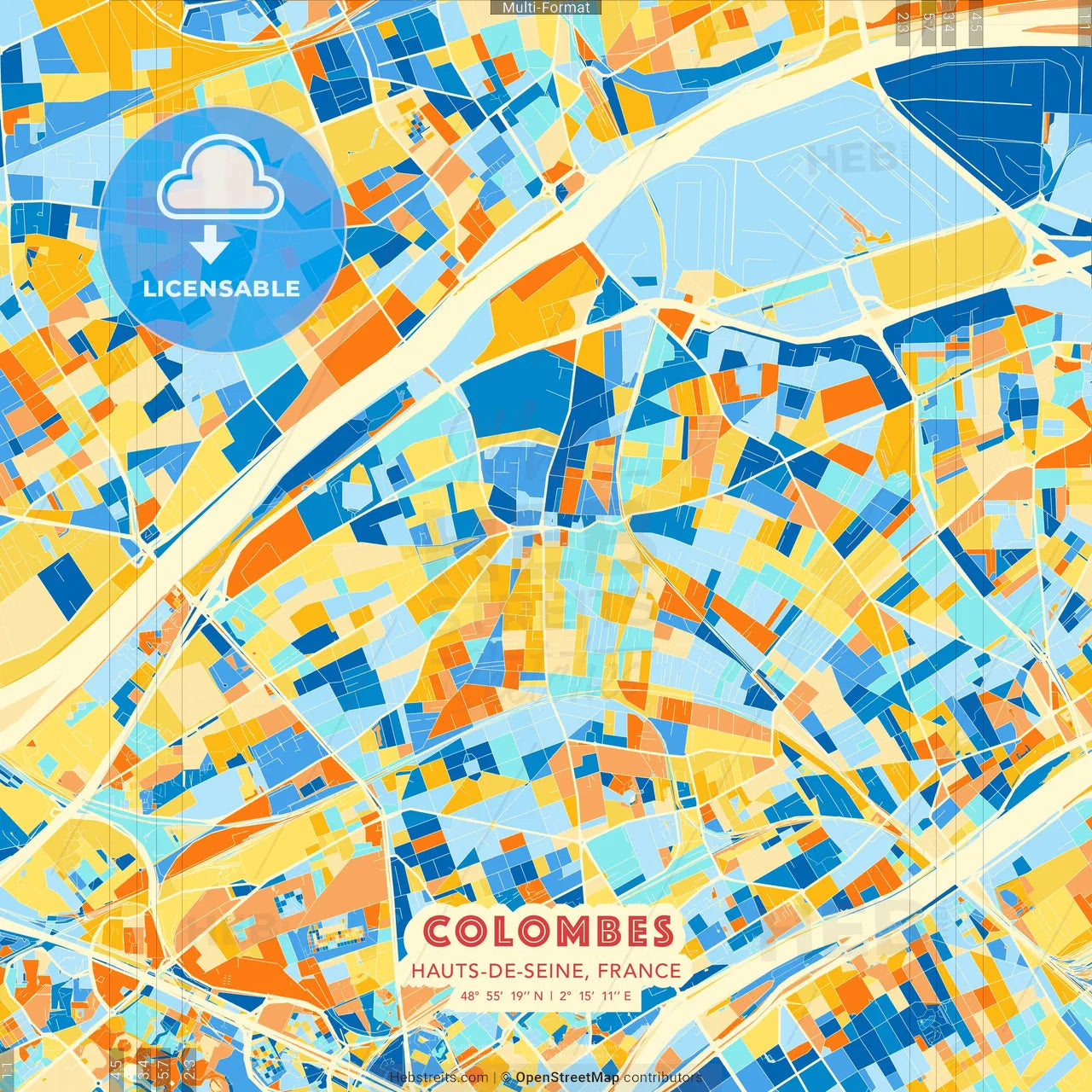 Colombes, Hauts-de-Seine, France blue and orange vector art map template