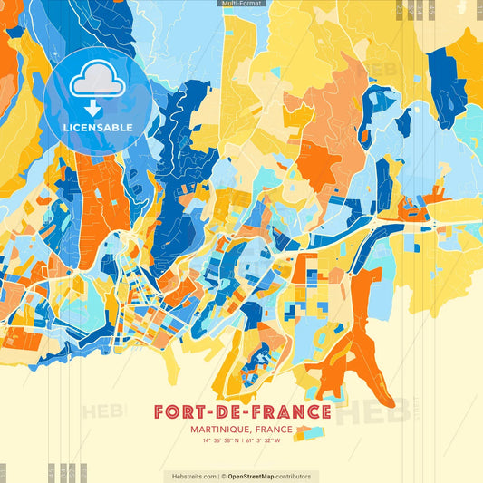 Fort-de-France, Martinique, France blue and orange vector art map template