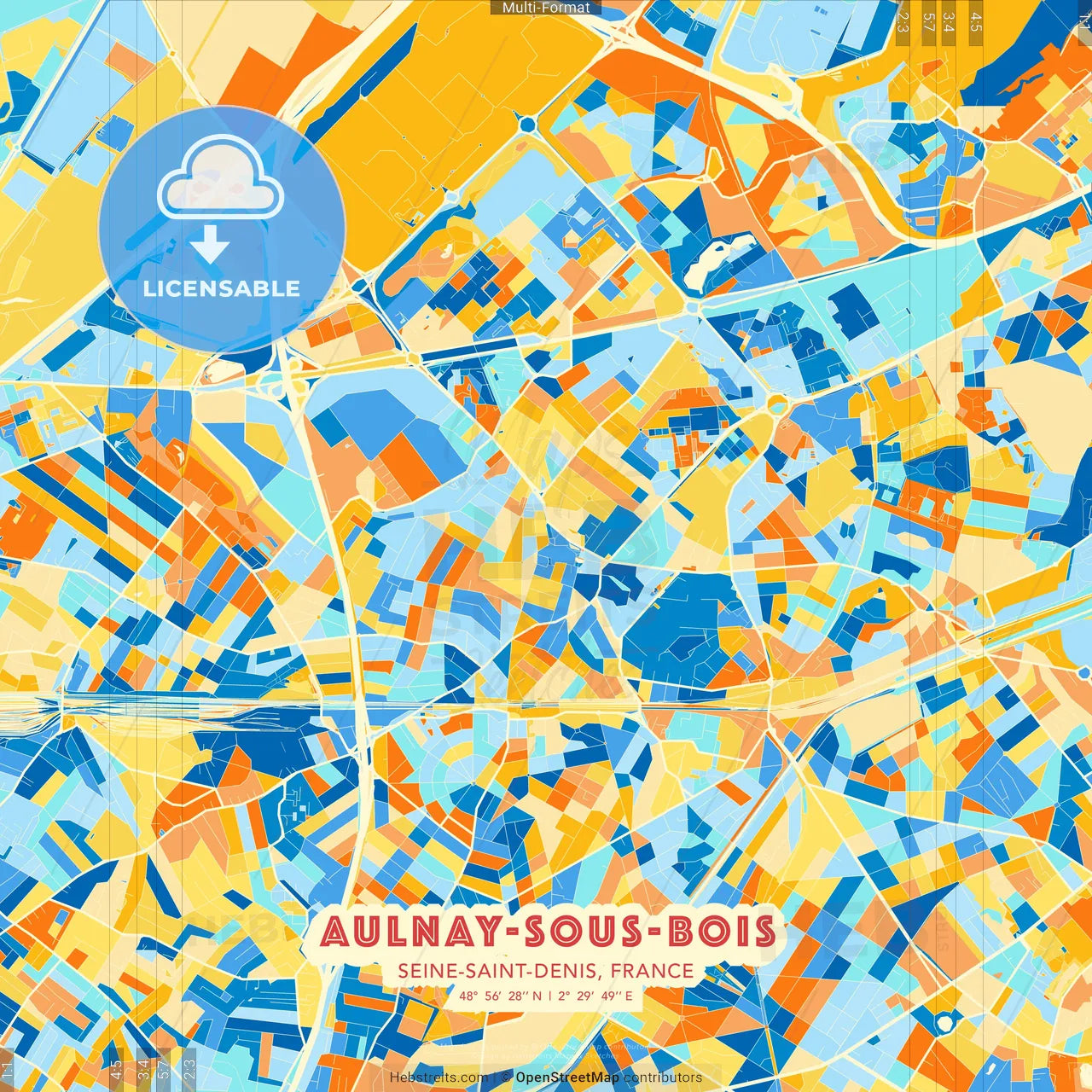 Aulnay-sous-Bois, Seine-Saint-Denis, France blue and orange vector art map template