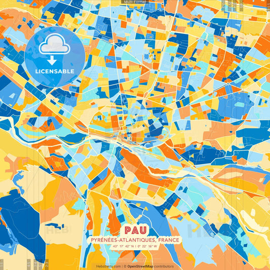 Pau, Pyrénées-Atlantiques, France blue and orange vector art map template