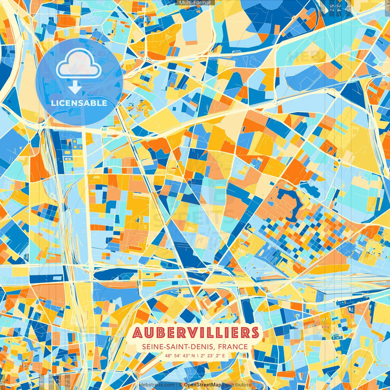 Aubervilliers, Seine-Saint-Denis, France blue and orange vector art map template