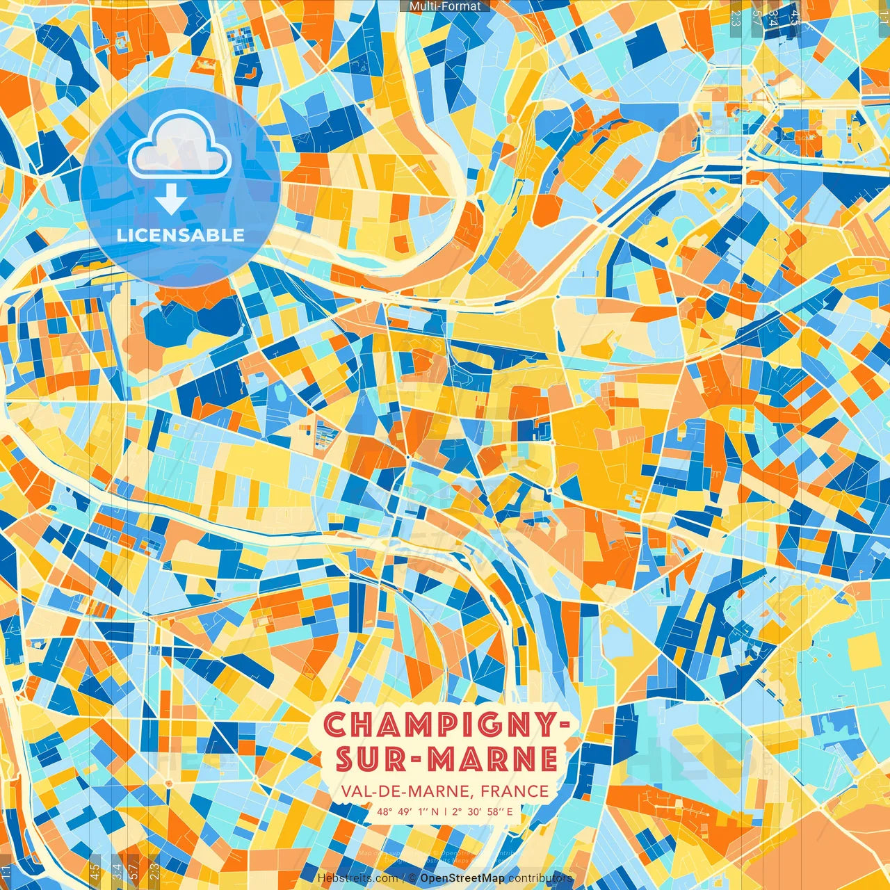 Champigny-sur-Marne, Val-de-Marne, France blue and orange vector art map template
