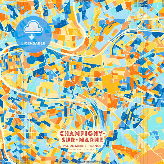 Champigny-sur-Marne, Val-de-Marne, France blue and orange vector art map template