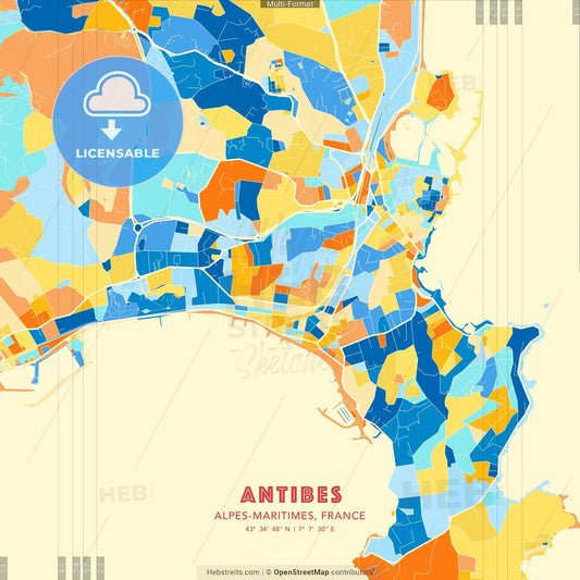 Antibes, Alpes-Maritimes, France blue and orange vector art map template