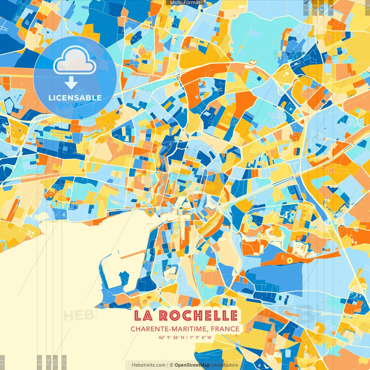 La Rochelle, Charente-Maritime, France blue and orange vector art map template