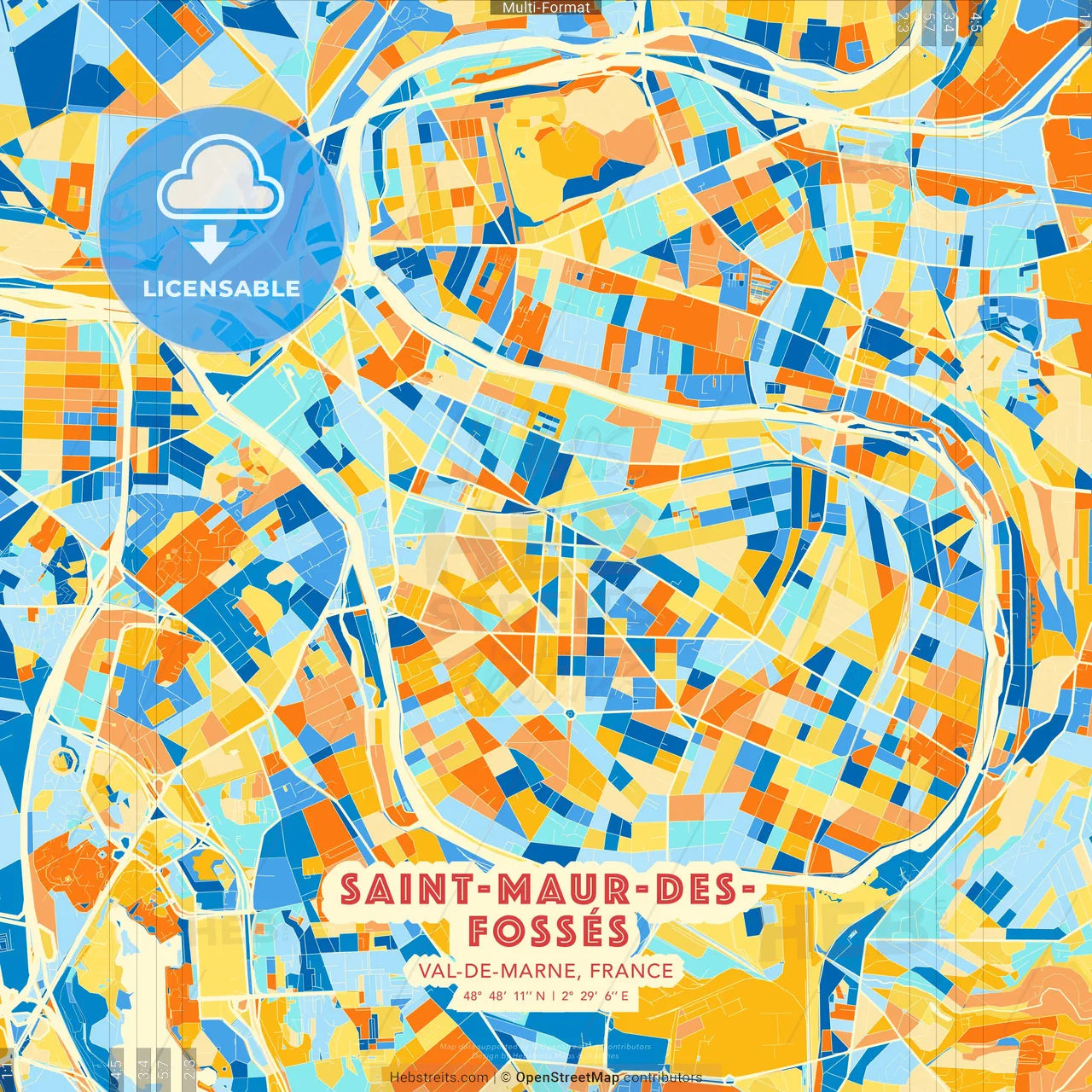 Saint-Maur-des-Fossés, Val-de-Marne, France blue and orange vector art map template