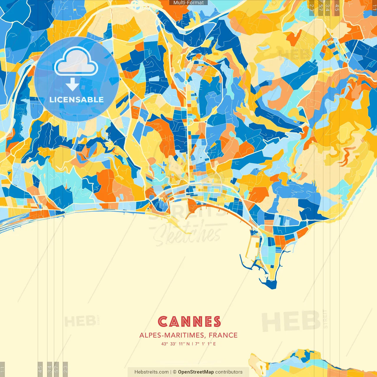 Cannes, Alpes-Maritimes, France blue and orange vector art map template